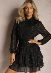 Czarna Koktajlowa Sukienka z Falbankami i Błyszczącym Nadrukiem Merrinda. Czarne sukienki damskie Renee, na imprezę, l, bez wzorów, eleganckie, bez kołnierzyka, bez ramiączek, mini. W wyprzedaży za 143.99 zł.