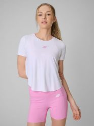 4F Koszulka treningowa regular szybkoschnąca damska - biała XL. Białe bluzki sportowe damskie 4f, xl, ze skóry, bez kołnierzyka, bez ramiączek. Za 129.99 zł.