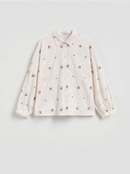 Bawełniana koszula z haftem - beżowy. Brązowe koszule damskie Reserved, l, bez wzorów, z bawełny, bez kołnierzyka, bez ramiączek. Za 139.99 zł.