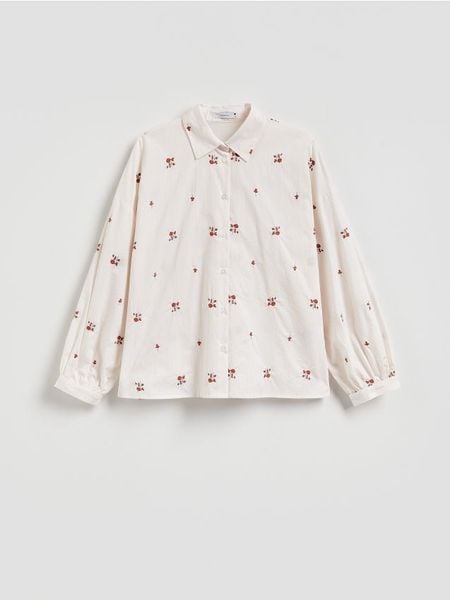 Bawełniana koszula z haftem - beżowy. Brązowe koszule damskie Reserved, l, bez wzorów, z bawełny, bez kołnierzyka, bez ramiączek. Za 139.99 zł.