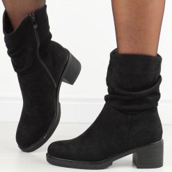 Czarne botki damskie na obcasie Potocki 51303. Czarne botki damskie POTOCKI, na jesień, z materiału, eleganckie, z okrągłym noskiem, bez obcasa, na obcasie, bez zapięcia. W wyprzedaży za 203.67 zł.