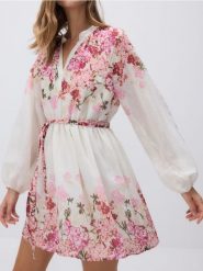Wzorzysta sukienka mini - wielobarwny. Sukienki damskie Reserved, l, bez wzorów, z tkaniny, bez kołnierzyka, bez ramiączek, mini, rozkloszowane. Za 159.99 zł.