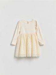 Sukienka z tiulowym dołem - kremowy. Białe sukienki dziewczęce Reserved, bez wzorów, z bawełny, bez ramiączek. Za 79.99 zł.