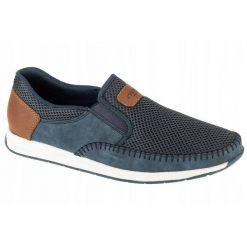 Zamszowe Mokasyny Męskie O Strukturze Plastra Miodu. Niebieskie mokasyny męskie Rieker, z gumy, z okrągłym noskiem. Za 374.99 zł.