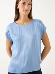 More & More Damowa koszulka z satyny Kobiety Satyna niebieski, 38. Niebieskie t-shirty damskie MORE & MORE, bez wzorów, z satyny, bez kołnierzyka. Za 219.95 zł.