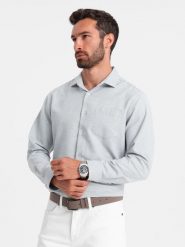 Koszula męska z kieszenią REGULAR FIT - jasnoszary melanż V2 OM-SHCS-0148 - XXL. Szare koszule męskie Ombre Clothing, l, bez wzorów, z bawełny, bez kołnierzyka, bez ramiączek. W wyprzedaży za 49.99 zł.