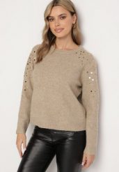 Beżowy Sweter z Bawełną Ozdobiony Cekinami Ceana. Brązowe swetry klasyczne damskie Born2be, z bawełny, bez kołnierzyka. Za 109.99 zł.
