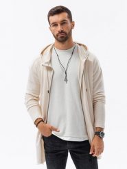 Długa bluza męska rozpinana z kapturem - kremowa V1 - Rozmiar: S. Białe bluzy z kapturem męskie Ombre Clothing, m, z bawełny. W wyprzedaży za 49.99 zł.
