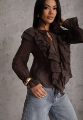 Brązowa Bluzka z Lyocellem w Stylu Boho z Wiązaniem pod Szyją i Falbanami Tasimi. Brązowe bluzki damskie Renee, l, bez wzorów, z jeansu, boho, bez kołnierzyka, bez ramiączek. Za 99.99 zł.