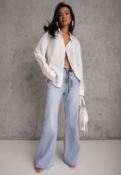 Niebieskie Szerokie Jeansy z Bawełny High Waist z Paskiem w Stylu Sznurówki Vetinia. Niebieskie jeansy damskie Renee, z podwyższonym stanem. Za 129.99 zł.