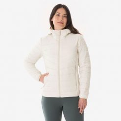 Ciepła turystyczna kurtka puchowa damska -10°C, MH500 beżowa. Brązowe kurtki damskie QUECHUA, m, bez wzorów, z materiału, z kapturem. Za 199.99 zł.