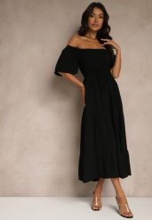 Czarna Wiskozowa Sukienka z Lnem o Rozkloszowanym Kroju Koloreia. Czarne sukienki damskie Renee, na co dzień, na lato, m, bez wzorów, z wiskozy, eleganckie, bez kołnierzyka, bez ramiączek, midi, rozkloszowane. W wyprzedaży za 97.99 zł.