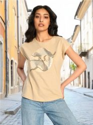 Koszulka z nadrukiem - kremowy. Białe t-shirty damskie Sinsay, l, bez wzorów, z bawełny, bez kołnierzyka. W wyprzedaży za 11.99 zł.