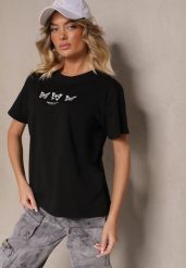 Czarna Bawełniana Bluzka T-shirt Oversize z Aplikacją w Kształcie Motyli Elmaris. Czarne bluzki damskie Renee, m, z aplikacjami, z bawełny, eleganckie, bez kołnierzyka, bez ramiączek. Za 29.99 zł.