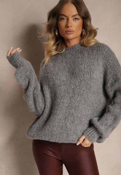 Ciemnoszary Klasyczny Sweter z Wełną i Wiskozą o Luźnym Kroju Omethea. Szare swetry klasyczne damskie Renee, z jeansu, bez kołnierzyka. Za 104.99 zł.