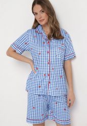 Niebiesko-Biały Komplet Piżamowy w Kratkę Koszula i Luźne Szorty Elitra. Niebieskie piżamy damskie Born2be, l, bez wzorów, bez ramiączek. Za 49.99 zł.