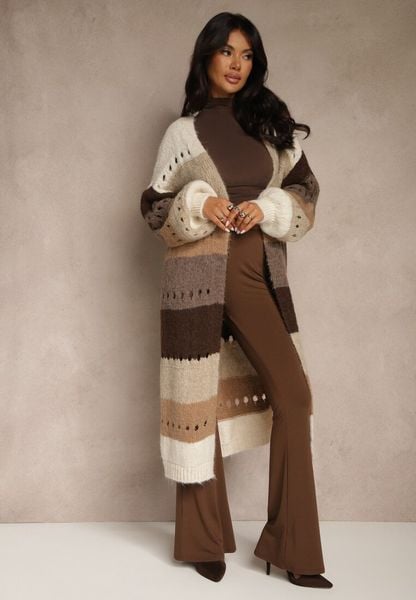 Beżowy Ażurowy Kardigan w Paski z Dodatkiem Wełny i Wiskozy o Długim Kroju Ilonine. Brązowe kardigany damskie Renee, s, w ażurowe wzory, z jeansu. Za 124.99 zł.