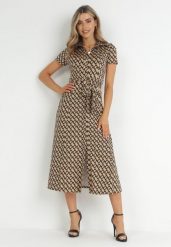 Ciemnobeżowa Sukienka Alethanthei. Brązowe sukienki damskie Born2be, na co dzień, l, bez wzorów, z materiału, eleganckie, bez kołnierzyka, bez ramiączek, midi, szmizjerki. W wyprzedaży za 151.99 zł.