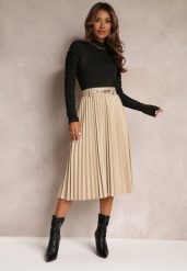 Jasnobeżowa Spódnica Plisowana z Imitacji Skóry Fayahe. Brązowe spódniczki damskie Renee, l, bez wzorów, ze skóry, biznesowe, midi, koszulowe. Za 149.99 zł.