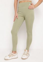 Zielone Legginsy z Wysokim Stanem i Gumką w Pasie Bloelia. Zielone legginsy damskie Born2be, l, bez wzorów, z jeansu. Za 29.99 zł.