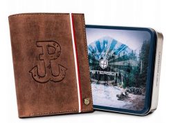 Skórzany portfel patriotyczny Peterson [DH] PTN 333PW brązowy. Brązowe portfele męskie Peterson, bez wzorów, z nubiku. Za 100.99 zł.