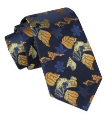 Męski Krawat - Alties - Granatowy z Motywem Liści. Niebieskie krawaty i muchy męskie Alties, bez wzorów, z tkaniny, eleganckie. Za 49.00 zł.