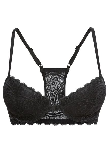 Biustonosz usztywniany z zapięciem z przodu i tyłem typu bokserka. Czarne biustonosze bonprix, bez wzorów, z koronki. Za 47.99 zł.