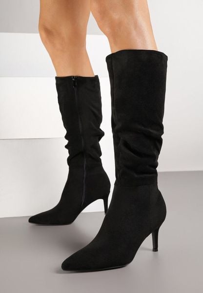 Czarne Kozaki z Imitacji Zamszu na Szpilce z Marszczoną Cholewką Rilareia. Czarne kozaki damskie Born2be, z jeansu, bez obcasa, na obcasie. Za 149.99 zł.