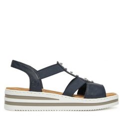 Sandały Rieker. Niebieskie sandały damskie Rieker, bez wzorów, bez obcasa, na koturnie. Za 229.99 zł.