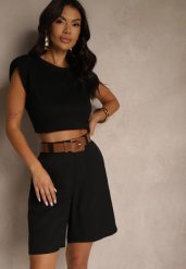Czarne Szorty z Wiskozą w Eleganckim Stylu z Paskiem z Klamrą Aravene. Czarne szorty damskie Renee, bez wzorów, z materiału, eleganckie, z podwyższonym stanem. Za 99.99 zł.