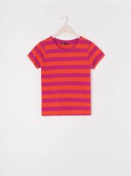 Bawełniana koszulka w paski - różowy. Czerwone t-shirty damskie Sinsay, l, bez wzorów, z bawełny, bez kołnierzyka. W wyprzedaży za 11.99 zł.