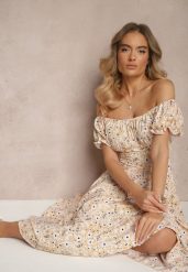 Żółta Rozkloszowana Sukienka w Kwiatowy Print z Bawełną i Dekoltem Łódką z Bufkami Saniren. Żółte sukienki damskie Renee, l, bez wzorów, z bawełny, eleganckie, bez kołnierzyka, bez ramiączek, midi, rozkloszowane. W wyprzedaży za 52.49 zł.