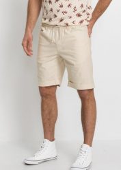 Bermudy z gumką w talii, z materiału z lnem, Regular Fit. Zielone szorty męskie bonprix, bez wzorów. Za 134.99 zł.