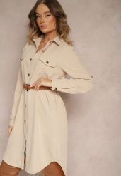 Beżowa Koszulowa Sukienka Ozdobiona Paskiem i Rękawem z Regulacją Esaviona. Brązowe sukienki damskie Renee, na co dzień, l, bez wzorów, z jeansu, eleganckie, bez kołnierzyka, bez ramiączek, dopasowane. W wyprzedaży za 90.99 zł.