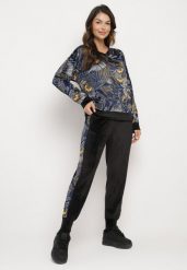 Granatowo-Czarny Komplet Dresowy Welurowy Bluza w Abstrakcyjny Wzór Spodnie z Lampasami Ivalaria. Niebieskie bluzy bez kaptura damskie Born2be, z dresówki. Za 129.99 zł.