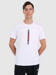 4F T-shirt regular z nadrukiem męski - biały M. Białe t-shirty męskie 4f, m, bez wzorów, z bawełny, bez kołnierzyka. W wyprzedaży za 49.99 zł.