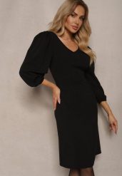 Czarna Sukienka o Dopasowanym Kroju z Lekko Bufiastymi Rękawami Zinnashira. Czarne sukienki damskie Renee, na wiosnę, l, z aplikacjami, eleganckie, bez kołnierzyka, bez ramiączek, midi, dopasowane. W wyprzedaży za 69.99 zł.