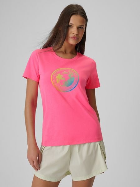 4F T-shirt regular z nadrukiem damski - różowy L. Czerwone t-shirty damskie 4f, l, bez wzorów, z bawełny, bez kołnierzyka. Za 59.99 zł.