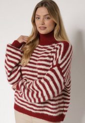 Bordowy Golf z Domieszką Wełny w Paski Monallia. Czerwone golfy damskie Born2be, m, bez wzorów, z jeansu, bez ramiączek. Za 159.99 zł.