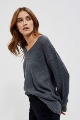 Sweter z dekoltem na plecach grafitowy. Szare swetry klasyczne damskie MOODO, s, z poliesteru, bez kołnierzyka. W wyprzedaży za 38.99 zł.