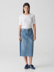 OPUS Spódnica dżinsowa "Rinso" w kolorze niebieskim rozmiar: 42. Niebieskie spódniczki damskie Opus, z aplikacjami, z bawełny, klasyczne, z podwyższonym stanem, midi, proste. Za 143.99 zł.