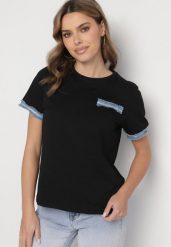 Czarna Bluzka Oversize z Bawełny z Krótkim Rękawem i Ozdobnymi Lamówkami Calnil. Czarne bluzki damskie Born2be, l, bez wzorów, z bawełny, eleganckie, bez kołnierzyka, bez ramiączek. Za 34.99 zł.