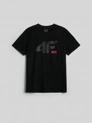 4F T-shirt regular z nadrukiem męski - czarny L. Czarne t-shirty męskie 4f, l, bez wzorów, z bawełny, bez kołnierzyka. Za 69.99 zł.