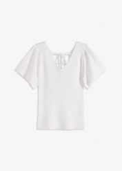 Sweter z prążkowanego materiału z mieszanki wiskozy. Białe swetry klasyczne damskie bonprix, prążkowane, bez kołnierzyka. Za 79.99 zł.