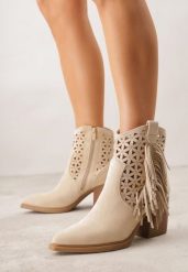 Beżowe Ażurowe Botki Typu Kowbojki na Stożku Ozdobione Frędzlami Pentora. Brązowe botki damskie Renee, z jeansu, bez obcasa, na obcasie, bez zapięcia. Za 159.99 zł.