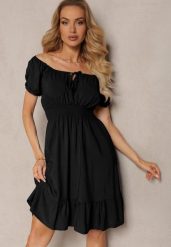 Czarna Sukienka z Wiskozy z Gumkami w Talii i Dekoltem ze Ściągaczem Tiimazela. Czarne sukienki damskie Renee, na co dzień, l, bez wzorów, z wiskozy, eleganckie, bez kołnierzyka, bez ramiączek, mini, kopertowe. W wyprzedaży za 45.49 zł.