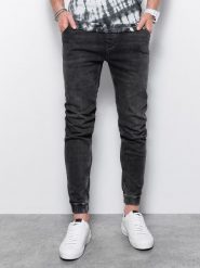 Spodnie męskie jeansowe joggery - czarne P907 - L. Czarne spodnie materiałowe męskie Ombre Clothing, bez wzorów, z bawełny. W wyprzedaży za 79.99 zł.