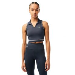 Top sportowy Lacoste Sport. Niebieskie topy sportowe damskie Lacoste, xs, z aplikacjami, prążkowane, bez ramiączek. Za 267.00 zł.
