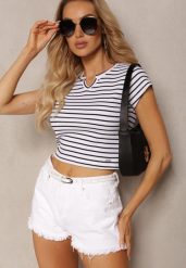 Biało-Czarny T-shirt z Bawełny z Krótkim Rękawem i Ozdobnym Wycięciem Relenna. Białe t-shirty damskie Renee, m, bez wzorów, z bawełny, bez kołnierzyka. Za 44.99 zł.