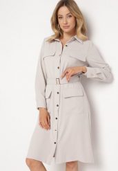 Beżowa Sukienka Koszulowa z Kieszeniami w Stylu Utility Naiatema. Brązowe sukienki damskie Born2be, na co dzień, l, bez wzorów, klasyczne, bez kołnierzyka, bez ramiączek, midi, koszulowe. W wyprzedaży za 167.99 zł.